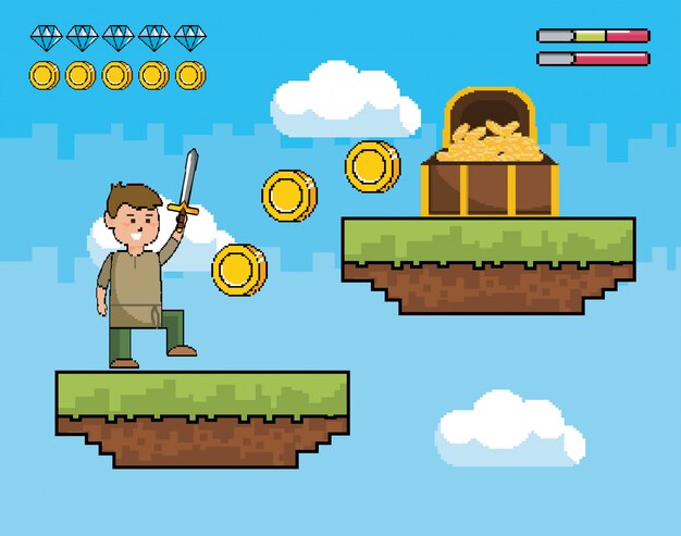 Niño con espada y monedas dentro de cofre con salvavidas.