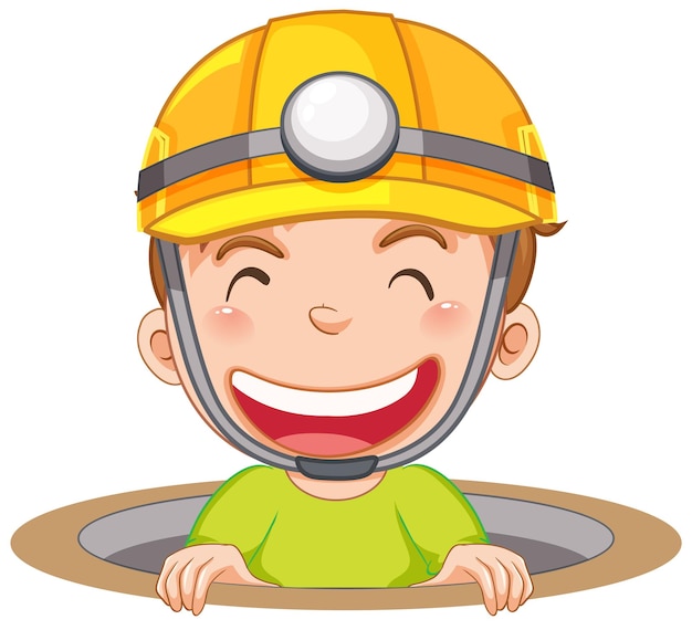 Niño feliz en el agujero con sombrero de seguridad