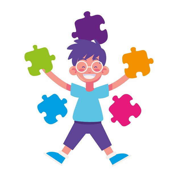 niño feliz con autismo con ilustración de rompecabezas