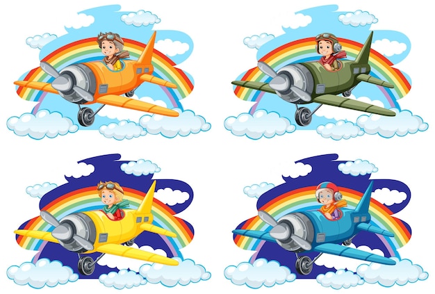 Vector gratuito un niño feliz en un avión con un arco iris en el cielo