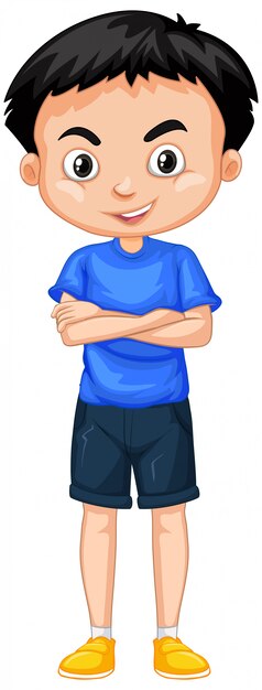 Niño feliz en camisa azul de pie en blanco