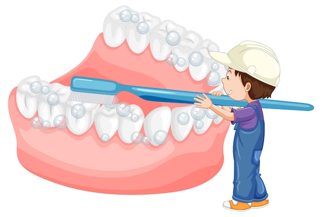 Niño feliz cepillando los dientes blanqueados con un cepillo de dientes en el respaldo blanco