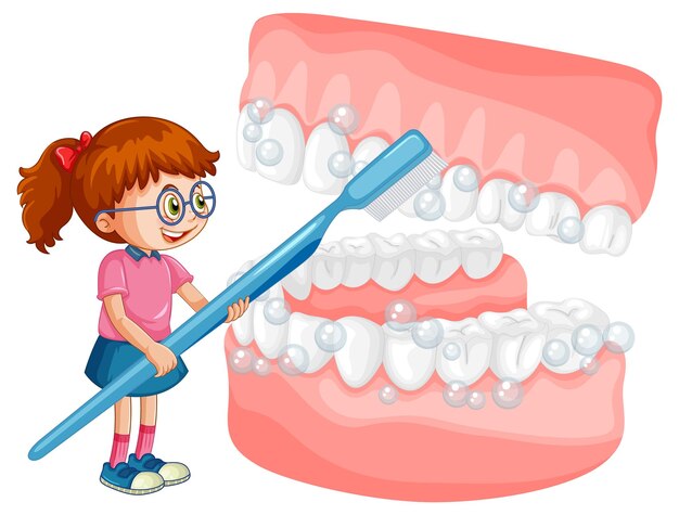 Niño feliz cepillando los dientes blanqueados con un cepillo de dientes en el respaldo blanco
