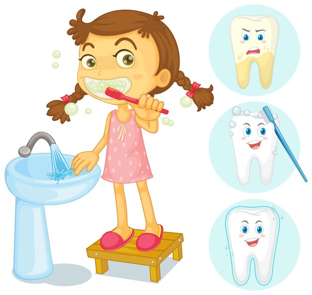 Niño feliz cepillando dientes con diferentes condiciones de dientes