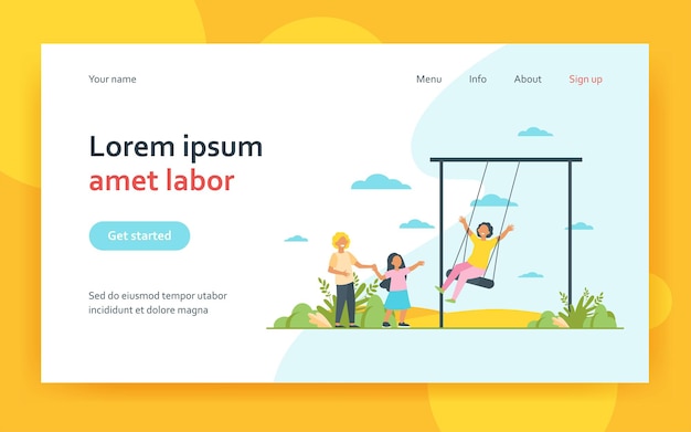 Vector gratuito niño feliz columpiándose en la página de aterrizaje del columpio