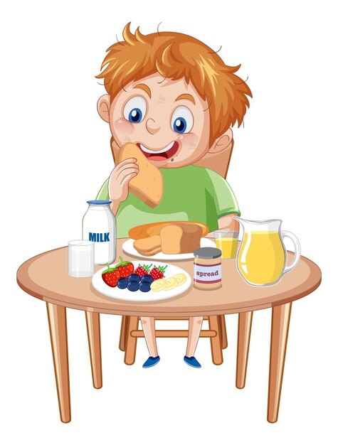 Niño feliz comiendo en la mesa