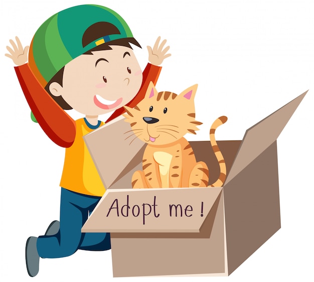 Un niño feliz con gorra con lindo gato en una caja de dibujos animados aislado