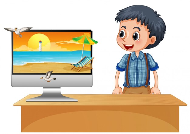 Niño feliz junto a la computadora con playa en pantalla