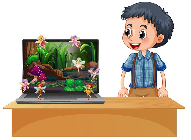 Niño feliz junto a la pantalla del cuento de hadas de la computadora portátil