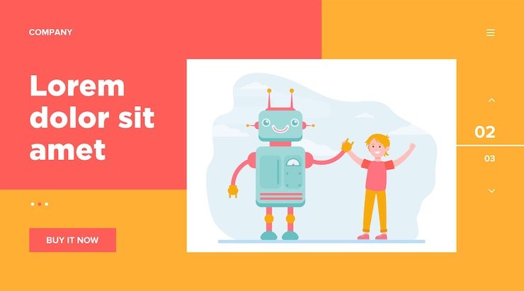 Vector gratuito niño feliz levantando las manos con robot. ingeniería, futuro, conocimiento ilustración vectorial plana. diseño de sitio web de concepto de industria robótica y tecnología o página web de destino