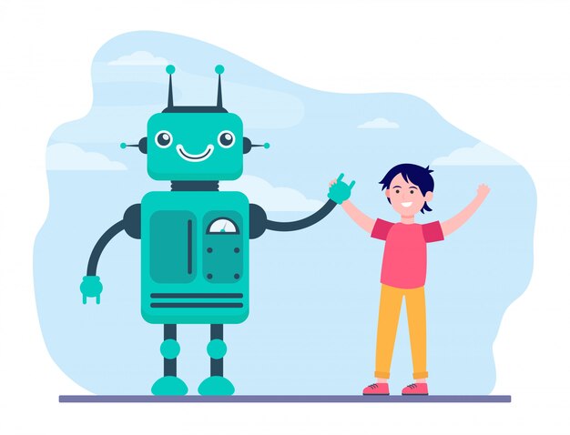Niño feliz levantando las manos con robot