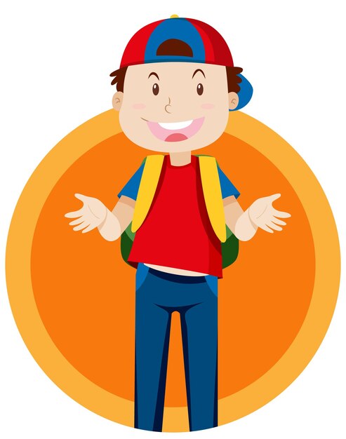 Niño feliz con mochila sobre fondo naranja