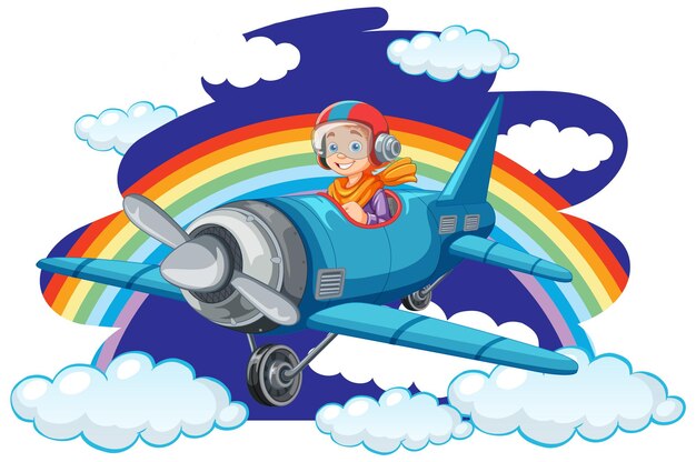 Niño feliz montando avión con arco iris en el cielo