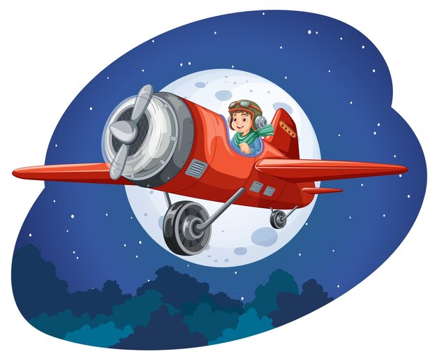 Vector gratuito niño feliz montando un avión en la noche