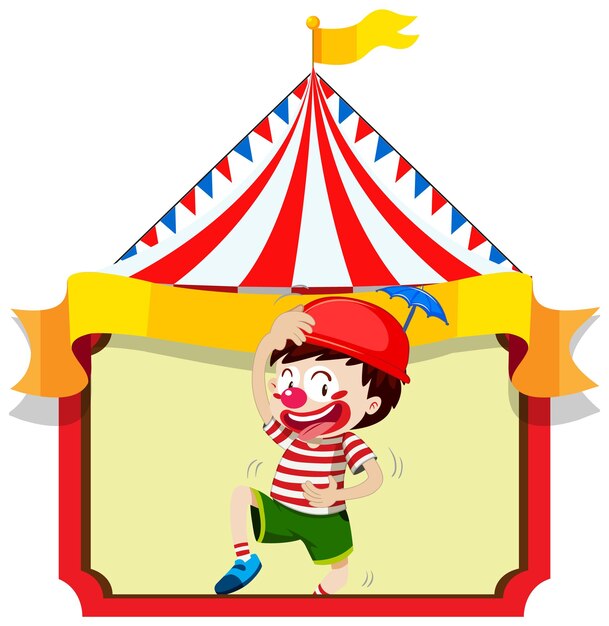 Niño feliz con la nariz roja en la pancarta de la carpa de circo