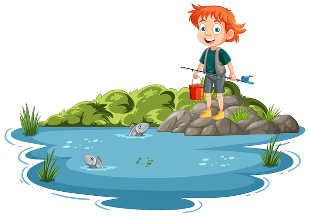 Niño feliz pescando en el estanque