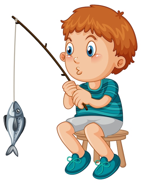 Niño feliz sentado en una silla pescando