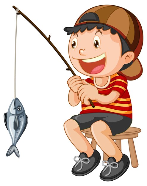 Niño feliz sentado en una silla pescando