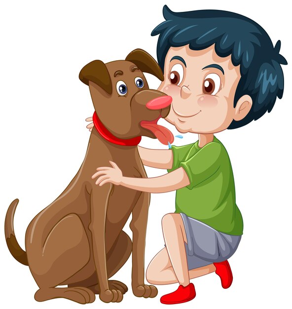 Un niño feliz sentado en el suelo y mascotas perro