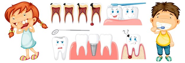 Niño feliz usar hilo dental y cepillarse los dientes con diferentes t