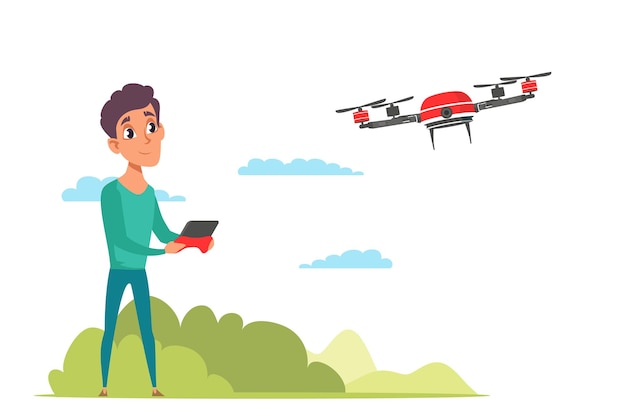 Niño con gafas digitales probando drone quadcopter Vehículo aéreo no tripulado remoto con cámara adolescente con controlador de radio