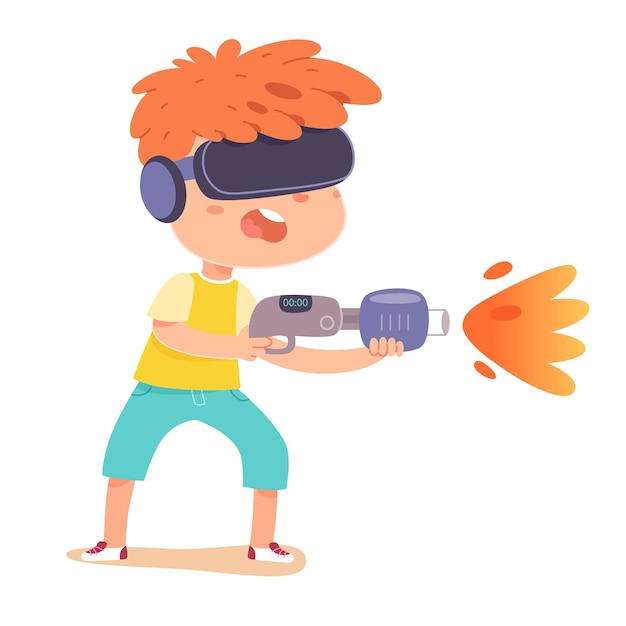 Niño en gafas vr auriculares jugar ilustración de tecnología de realidad virtual personaje de jugador de niño de dibujos animados jugando experiencia de fantasía de juego cibernético para niño aislado en blanco