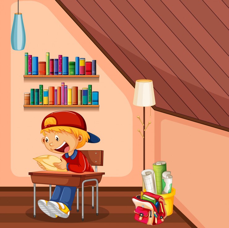 Vector gratuito niño haciendo la tarea en la habitación con bolsa y libros