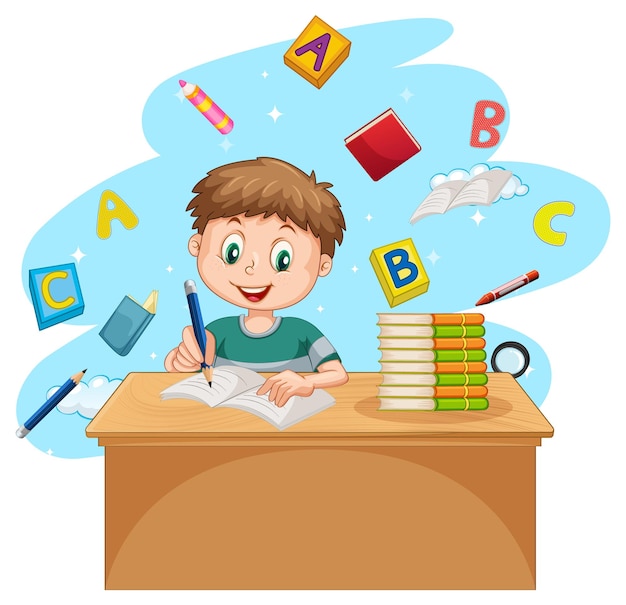 Vector gratuito un niño haciendo la tarea con libros sobre fondo blanco.