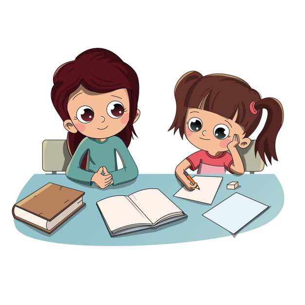 Niño haciendo la tarea con madre o hermana | Vector Premium