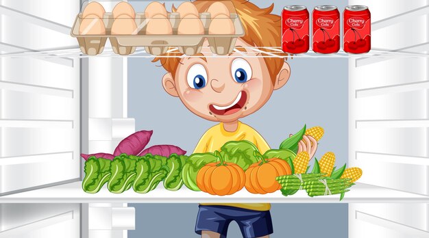 Niño hambriento buscando alimentos en la nevera