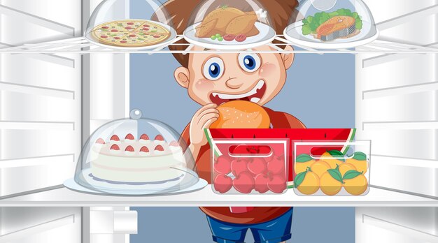 Niño hambriento buscando alimentos en la nevera