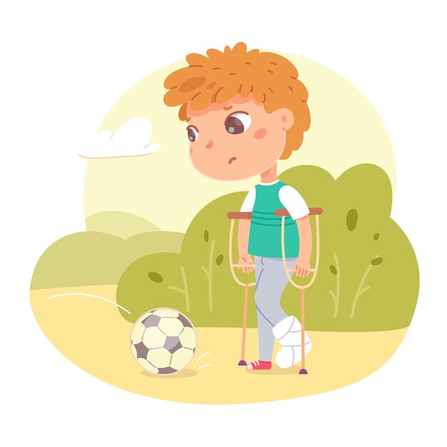 Niño herido con pierna rota en yeso al aire libre malestar caminando en el parque incapaz de jugar al fútbol con la ilustración de la pelota