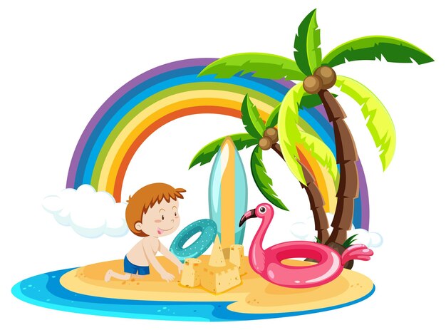 Un niño en la isla con artículos de playa de verano.