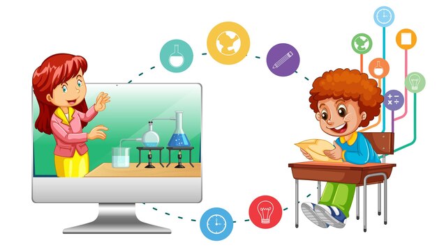 Niño joven, estudiar, delante de, computadora