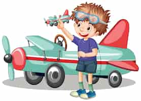 Vector gratuito niño joven, juego, con, avión, juguete, posición, delante de, avión