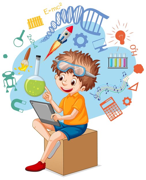 niño joven, utilizar, computador portatil, para, educación