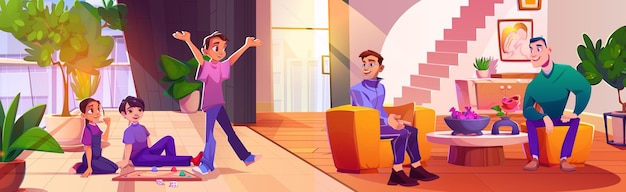 Niño juega juego en casa sala de estar vector de dibujos animados