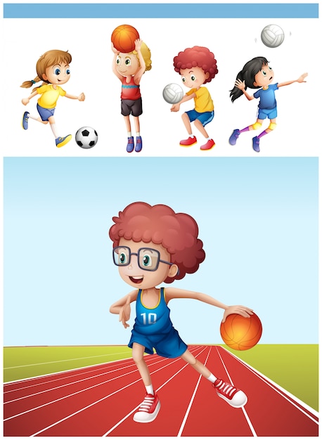 Vector gratuito niño, juego, baloncesto, otro, deportes, ilustración