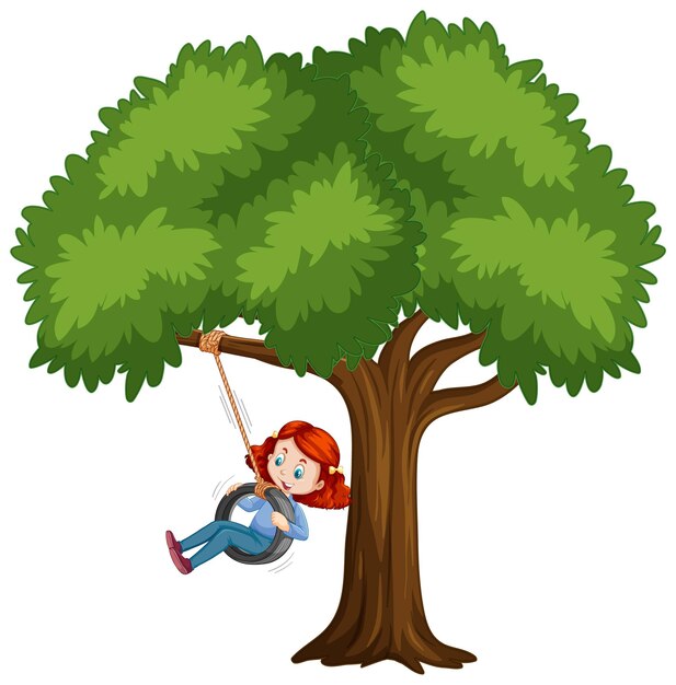 Niño jugando columpio bajo el árbol en blanco
