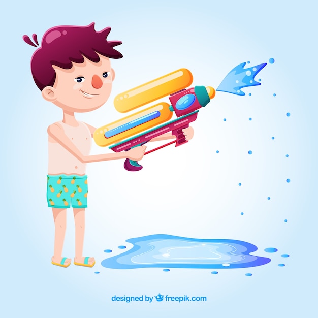 Vector gratuito niño jugando con pistola de agua colorida