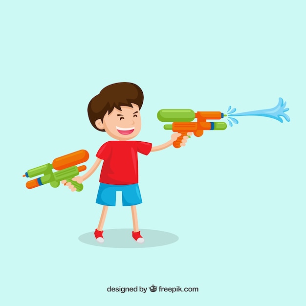 Vector gratuito niño jugando con pistolas de agua coloridas