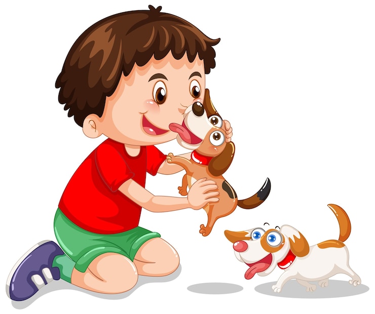 Vector gratuito un niño jugando con sus perros.