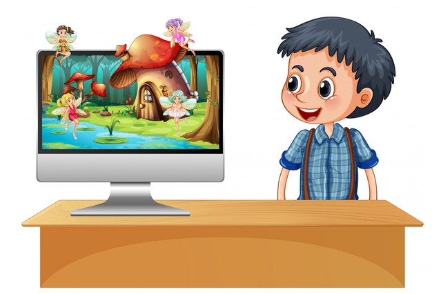 Niño junto al hada de la computadora en la pantalla