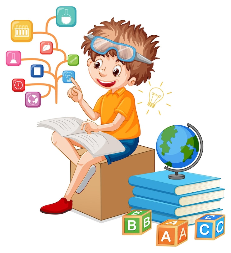 Vector gratuito un niño lee libros sobre fondo blanco.