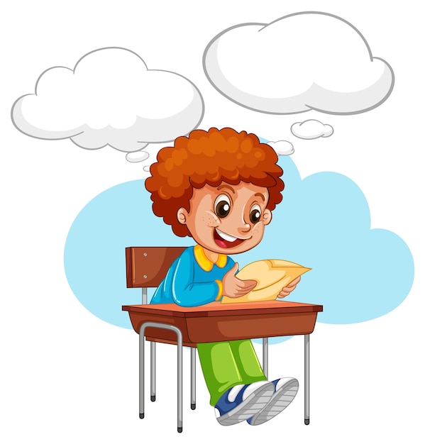 Un niño leyendo un libro con bocadillo