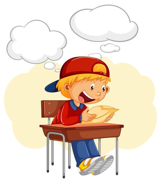 Un niño leyendo un libro con bocadillo