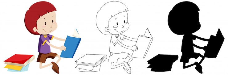 Vector gratuito niño leyendo el libro en color y contorno y silueta