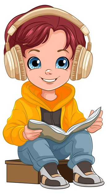 Niño leyendo un libro y usando auriculares