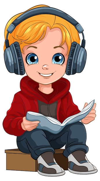 Niño leyendo un libro y usando auriculares