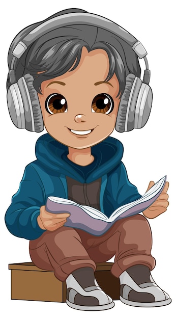 Vector gratuito niño leyendo un libro y usando auriculares